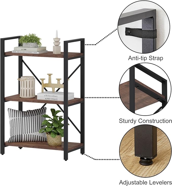 BON AUGURE 3 Tier Industrial Bookshelf, Office Small Open Book Shelf for Small Space, Short Wooden Etagere Bookcase (Rustic Oak)