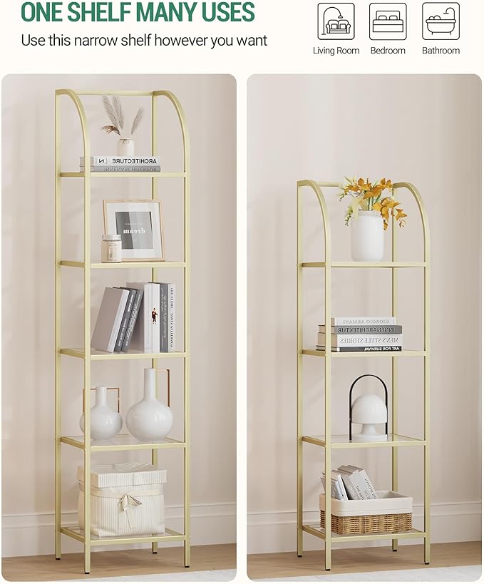 Bookcase Bookshelf, Tempered Glass Arched Bookshelf for More Storage, Slim Shelving Unit for Bedroom, Bathroom, Home Office, Steel Frame, 4 Tier Gold BC20499G