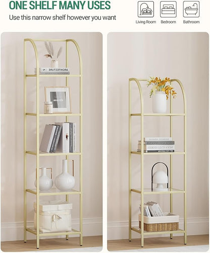 Bookcase Bookshelf, Tempered Glass Arched Bookshelf for More Storage, Slim Shelving Unit for Bedroom, Bathroom, Home Office, Steel Frame, 4 Tier Gold BC20499G