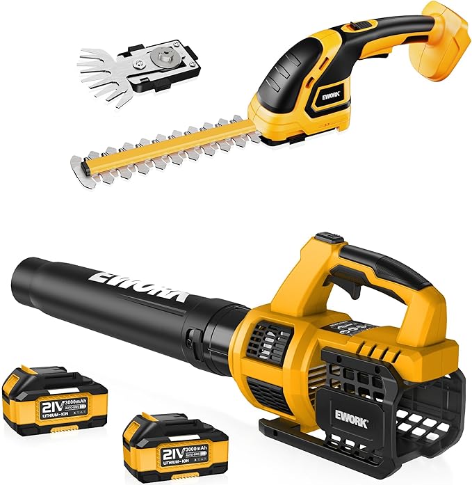 EWORK Cordless Leaf Blower and Hedge Trimmer Combo with 2 x 3.0Ah Batteries, Fast Charger, Electric Leaf Blowers for Lawn Care, 2-in-1 Electric Shrub/Bush Trimmer & Grass Shears