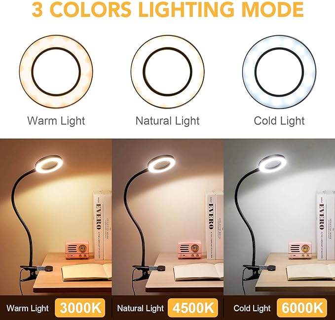 Magnifying Glass with Light 5X, 9w Clip on Light, 48 LED Desk Lamp wtih Clamp Light, 3 Modes Dimmable Magnifying LED Lamps for Bed Work Crafts Workbench