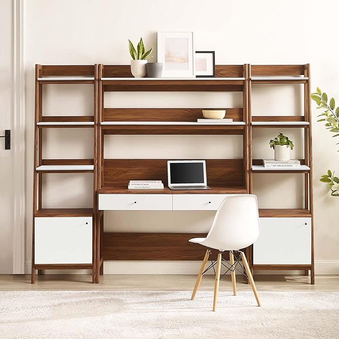 Modway Bixby 3-Piece Home Office Desk and Bookshelf Display Case in Walnut White