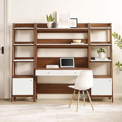 Modway Bixby 3-Piece Home Office Desk and Bookshelf Display Case in Walnut White