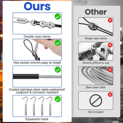 BLIKA String Light Hanging Kits, 400FT Coated Stainless Steel 304 Wire Rope, Outdoor Light Guide Wire, Globe String Light Suspension Kit Included Turnbuckles, Enough Accessories, Use Manual