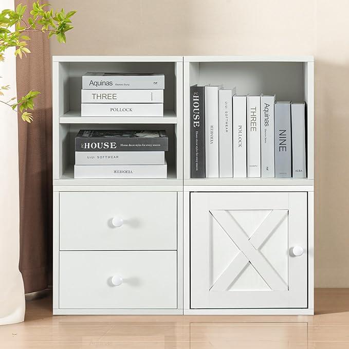 Magic DIY Cube Storage Organizer Stackable Cubes for Home Books Clothes Toy -Modular Cubby Storage System -Office Cubical -Bookcase Closet (Pure white-washed, Door Cube)