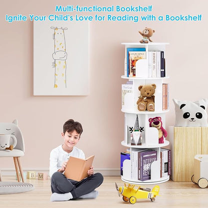 2024 New 4 Tier Rotating Bookshelf kids, Small Corner Bookshelf for Small Space, 360 Display Floor Standing Bookcase Storage Rack, Wood Narrow Book Shelf Organizer for Home Office,Bedroom, Living Room