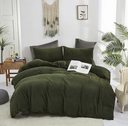 Dark Green Velvet Comforter Set Full Army Green Flannel Velvet Bedding Comforter Set All Deep Green 3 PCs Shaggy Soft Warm and Durable Flannel Blanket Full Women Green Velvet Bedding Set