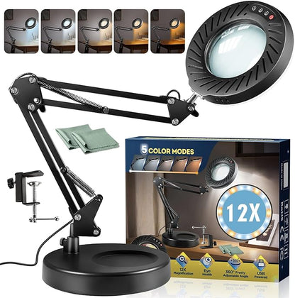 12X Magnifying Glass with Light and Stand, 144 LEDs Brightest Magnifying Lamp, 10 Dimmable Brightness 5 Modes, Hands Free Metal Desk Lamp for Craft Reading Painting Hobby Close Work