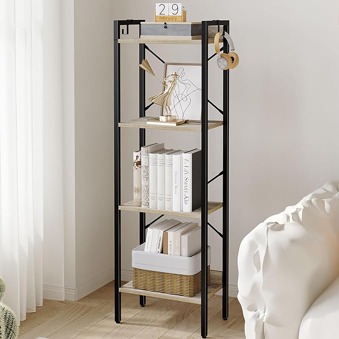 Bookshelf, Book Shelf, Industrial Bookcase with 2 Hooks, Coner Shelf Storage Organizer for Home Office, Living Room, Bedroom, Kitchen, 4-Tier Greige BC10405B