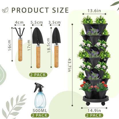 Umigy 2 Set of 7 Tier Vertical Planter Stackable Tower Planters Strawberry Herb Flower and Vegetable Pots Indoor Outdoor Gardening Pots with Removable Wheels and Tools(Black)