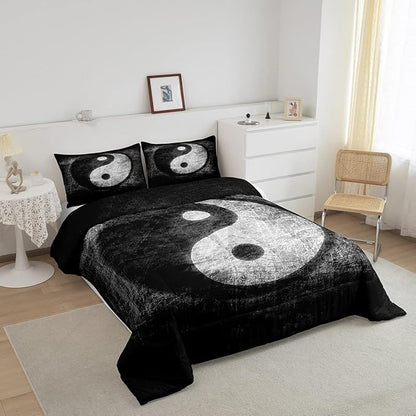 Yin Yang Bedding Set for Girls Boys Children Boho Trippy Psychedelic Art Comforter Set Decorative Gossip Pattern Comforter Traditional Ying Yang Theme Duvet Set Full Size 3Pcs