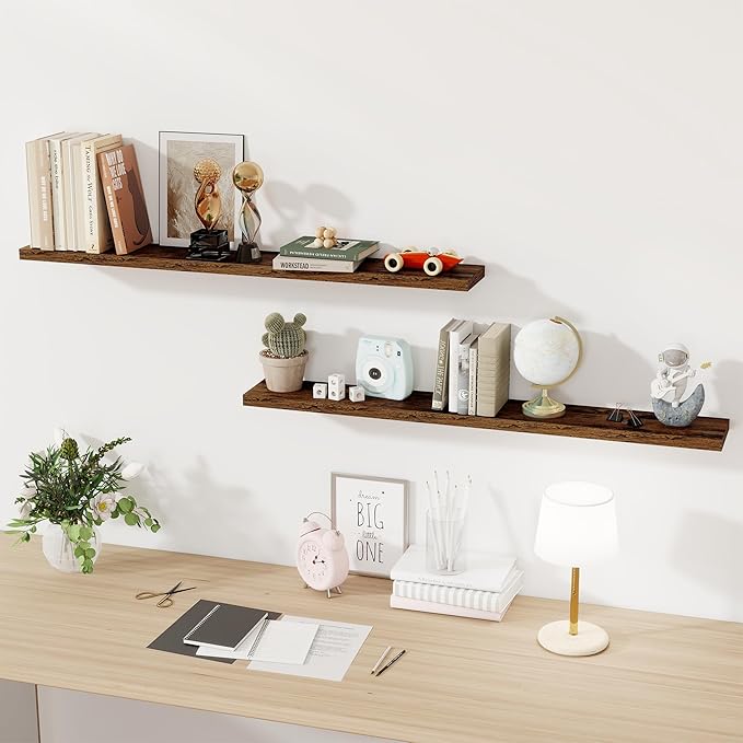 Floating Shelves for Wall, 48 Inch Floating Shelves for Home Decor, Wall Mounted Rustic Wood Shelves, Bathroom, Hanging Deep Shelf for Bedroom, Living Room, Kitchen (Rustic Brown, Set of 2)