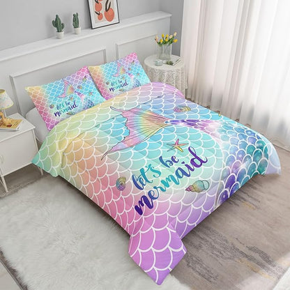 Datura home Bedding Comforter Set Rainbow Scales Mermaid Printed Pattern Bedding Set with 1 Comforter and 2 Pillowcases for Girls Bedroom All Season(Rainbow Scales Mermaid Queen), 90x90inches