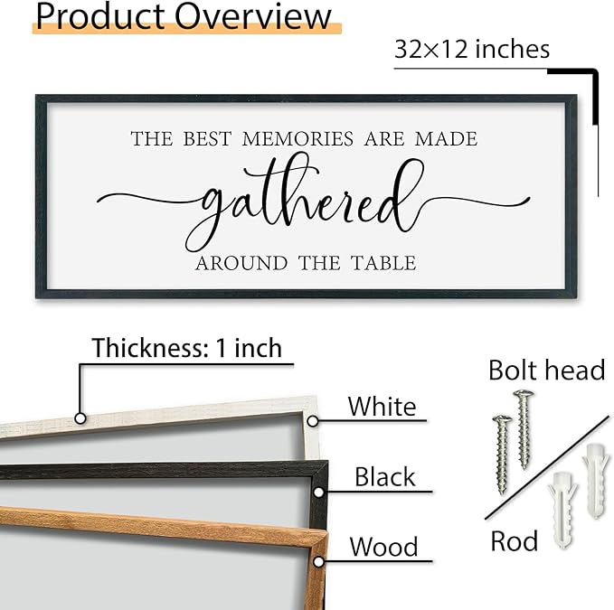 SRSZHIYUE The Best Memories Are Made Gathered Around The Table Sign Wall Decor Art 32"×12" for Kitchen Dining Room Large Wood Framed Wall Hanging (Black)