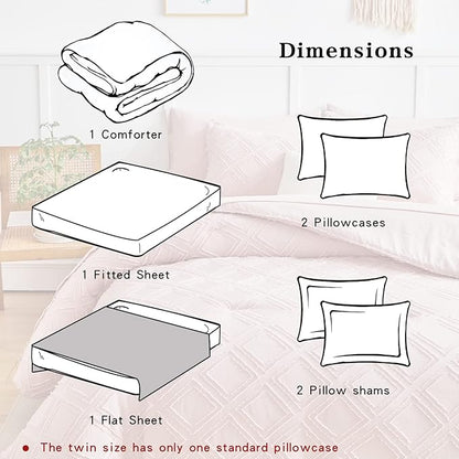 7 Pieces Tufted Bed in a Bag Queen Comforter Set with Sheets Blush, Soft and Embroidery Shabby Chic Boho Bohemian, Luxury Solid Color with Diamond Pattern, Jacquard Tufts Bedding Set for All Season