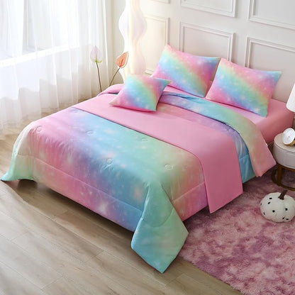 JQinHome Glitter Bedding Set Queen Size,6 Piece Bed in A Bag 3D Colorful Rainbow Galaxy Comforter Set for Girls Kids-All Season Microfiber Tie-Dye Bedding Sets(Rainbow)