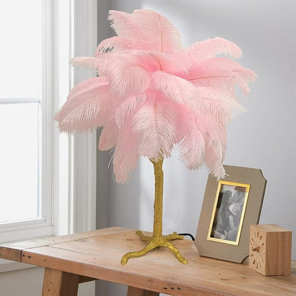 Ostrich Feather Desk Lamp Bedside Pink Cute Lamp Gold Resin Table Lamp, Coconut Tree Feather Lamp for Bedroom Living Room Hallway Wedding Girls Bedroom Night Light G4 Base