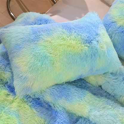 Faux Fur Kids Girls Green Rainbow Comforter Sets King - 3PC Bed Set Warm Comfortable Soft Plush Flannel Velvet Fluffy Fuzzy Bedding（Comforter x 1 Pillowcases x 2）
