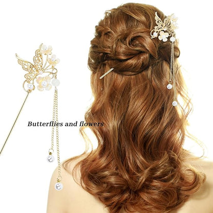 inSowni 8 Pieces Retro Vintage Asian Japanese Chinese Hanfu Gold Metal Flower Hair Sticks with Pearl Pendants Fishtail Lotus Butterfly Long Hair Pins Forks Chopsticks Bun Updo Holders for Women Girls