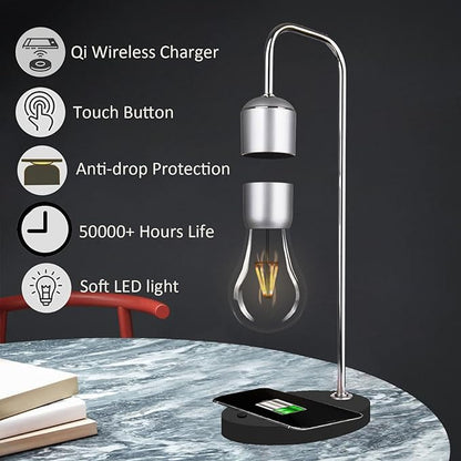 Magnetic Levitating Lamp with Wireless Phone Charger for iPhone Pro Max Floating Light Bulb LED Night Light Table Lamp Levitation Desk Lamp for Christmas Gift Bedroom Office Decoration