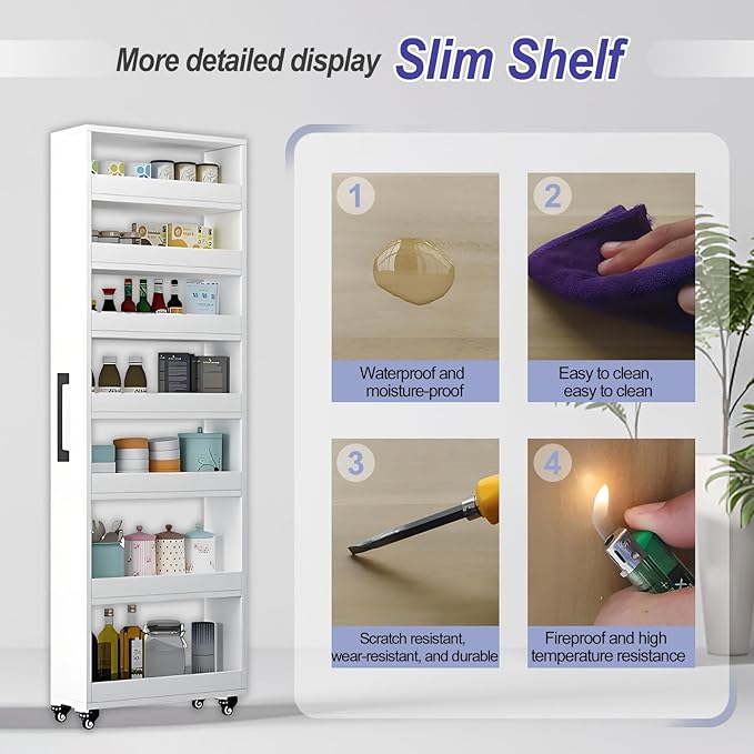 7-Tier Slim Storage Cart, Wooden Rolling Pantry Cabinet with Wheels, Narrow Shelf Organizer for Kitchen, Bakers Rack, Dining Room, Closet, Small Spaces Light Walnut 47.2" H*7.8" W*23.6" D