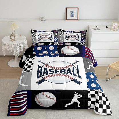 Erosebridal Baseball Quilt Set Teen Boys Baseball Bedding Comforter Set Queen Size Bed,Kids Sports Bed Comforter Sets Black White Geometric Checkered Grids Duvet Set for All Season 2 Pillowcases