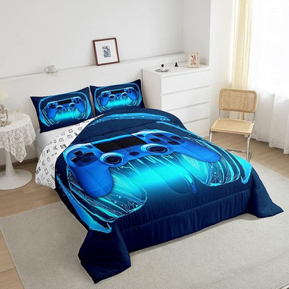 Gamer Comforter Set Full Size,Blue Headphones Musical Design Games Gamepad Bedding Set for Kids Boys Video Game Room Decor Retro Playing Gamer Down Comforter Gaming Controller Quilted Duvet Set