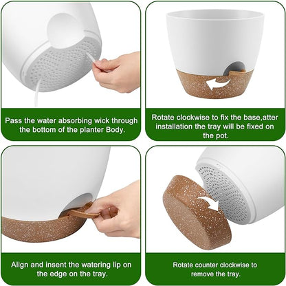 Plant Pots 10/9/8/7.5/7 Inch Self Watering Pots, Set of 5 Plastic Planters with Drainage Holes and Saucers,Plastic Flower Pots,Nursery Planting Pot for Indoor Out Door Plants（White）
