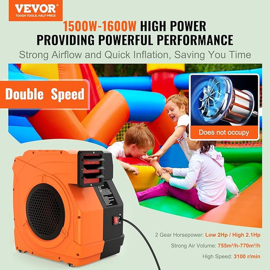 VEVOR Inflatable Blower, 1500W, 2 & 2.1 HP Bounce House Blower, Pump Commercial Air Blower for Inflatables, 3100 RPM Bouncy Castle Electric Fan Perfect for Bounce House