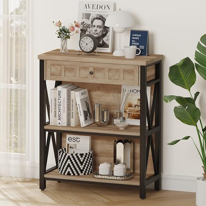 FATORRI Rustic Bookshelf with Drawer, Industrial Wood and Metal Bookcase, Small Book Shelf and Low Book case for Small Space (Rustic Oak)