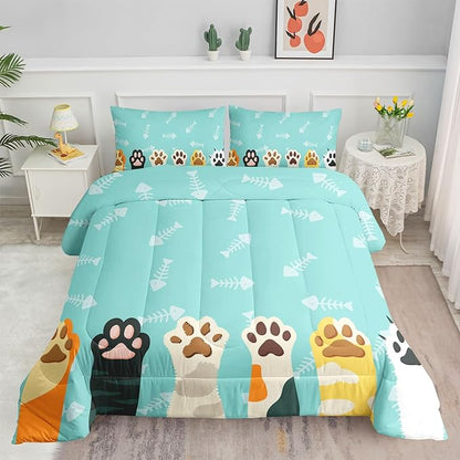 Datura home Cat Paws Comforter Bedding Set for Kids Teens,Cartoon Cat Paws and Fish Bones Pattern Lightweight Cyan Comforter with 2 Pillowcases,3pcs(Cat Paws Full)