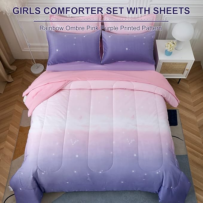 Girls Comforter Set Full Size Colorful Ombre Pink Purple Rainbow Bedding Set Bed in A Bag for Kid Teen Girls 7 Pieces (1 Comforter, 1 Flat Sheet, 1 Fitted Sheet, 2 Pillow shams, 2 Pillowcases)