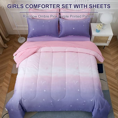 Girls Comforter Set Full Size Colorful Ombre Pink Purple Rainbow Bedding Set Bed in A Bag for Kid Teen Girls 7 Pieces (1 Comforter, 1 Flat Sheet, 1 Fitted Sheet, 2 Pillow shams, 2 Pillowcases)