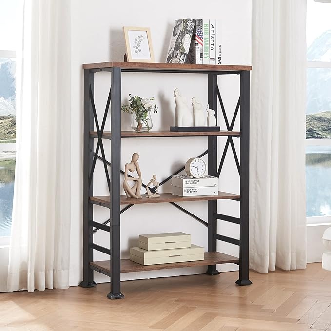 HOMBAZAAR Bookshelf, 4-Tier Industrial Bookshelf, Etagere Bookcases and Bookshelves, Tall Bookshelf Storage Organizer, Freestanding Bookshelf for Living Room, Bedroom and Home Office, Brown