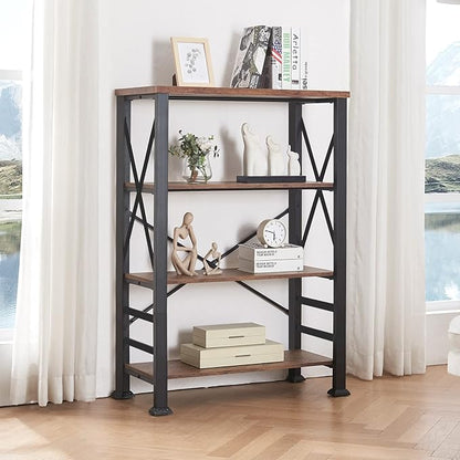 HOMBAZAAR Bookshelf, 4-Tier Industrial Bookshelf, Etagere Bookcases and Bookshelves, Tall Bookshelf Storage Organizer, Freestanding Bookshelf for Living Room, Bedroom and Home Office, Brown