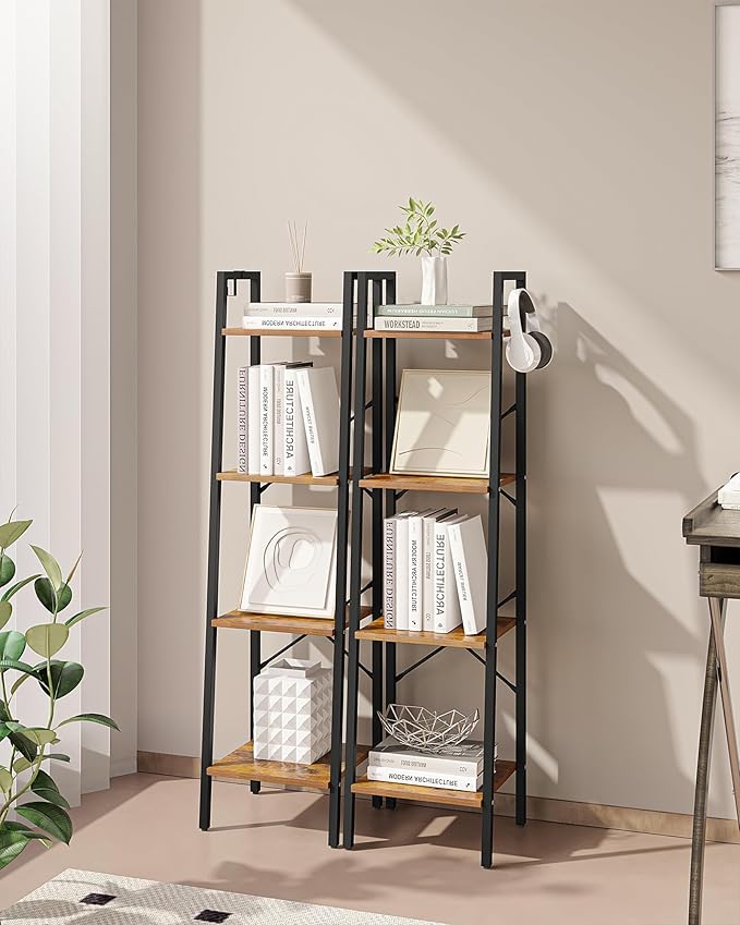 Ladder Shelf, Bookshelf Bookcase, Freestanding Corner Storage Shelve with 2 Hooks for Home Office, Living Room, Kitchen, Bedroom, Industrial, 4-Tier Rustic Brown BC13201B