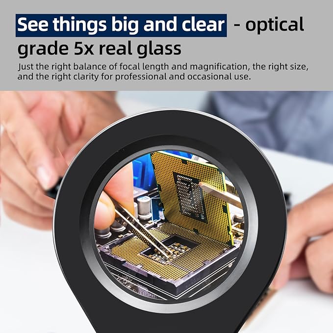 LED Magnifying Lamp with Premium Swing Arm, 5X Magnifying Glass with 5-Color Dimmable Light, Heavy-Duty Work Lamp Hands Free for Crafts, Precision Work, Estheticians - New Rotary Switch Design