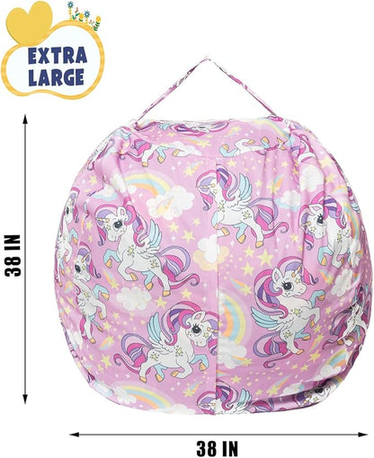 Stuffed Animal Storage Bean Bag Chair Cover, Hold Kids Plush Toys Blankets Towels Beanbag (Cover Only), Canvas Floor Circle Stuff Sit Seat Sofa with YKK Zipper, Extra Large 38", Unicorn