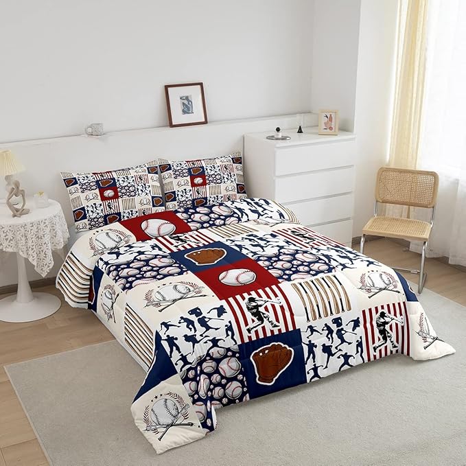 Erosebridal Kids Baseball Full Comforter Set for Boys,Teen Baseball Athlete Bedding Set Room Decor Sports Theme Bed Comforter Sets Baseball Bat Gloves Quilt Duvet with 2 Pillow Cases Red Navy Blue