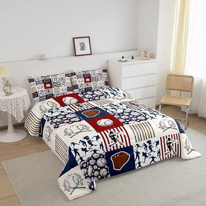 Erosebridal Kids Baseball King Comforter Set for Boys,Teen Baseball Athlete Bedding Set Room Decor Sports Theme Bed Comforter Sets Baseball Bat Gloves Quilt Duvet with 2 Pillow Cases Red Navy Blue