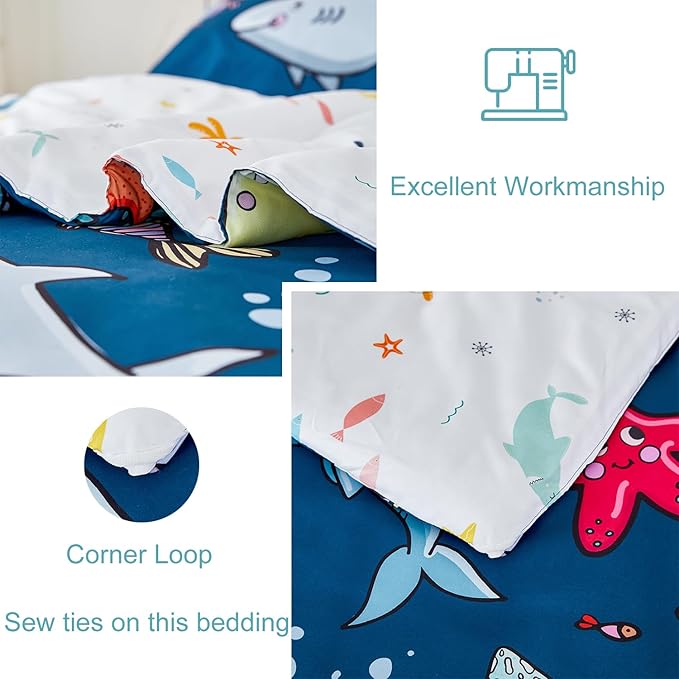 WINLIFE 3 PCS Full Comforter Set for Boys, Super-Soft Reversible Teen Bed Sets Comforter, Ocean Theme Printed Comforter, Easy Wash Bedding Quilt (3PCS, Navy Blue, Sharks/Dolphins/Fish)