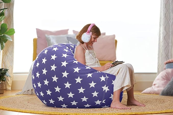 Aubliss Stuffed Animal Storage Bean Bag Chair Cover (No Beans)，Stuff and Sit Storage Bean Bag for Kids Toy Storage, X-Large 48"-Canvas Stars Royal Blue