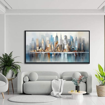 DUNHUANG ART Modern New York City Skyline Wall Art - Abstract Colorful Manhattan Sky Painting for Home & Office Decor - Large Framed Cityscape Picture 24"x48"