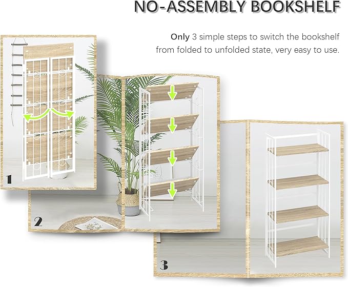 4NM No-Assembly 4 Tiers Folding Bookshelf Storage Shelves Vintage Bookcase Standing Racks Study Organizer Home Office - Natural and White
