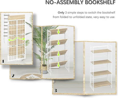 4NM No-Assembly 4 Tiers Folding Bookshelf Storage Shelves Vintage Bookcase Standing Racks Study Organizer Home Office - Natural and White