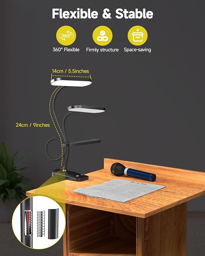 CUHIOY Desk Lamp Clip on Reading Light, USB-C Battery-Operated Rechargeable Table Lamps with Clamp for Dorm Home Office, 38LEDs Bed Headboard Light, 5 Colors 5 Brightness, Flexible Gooseneck（Black）