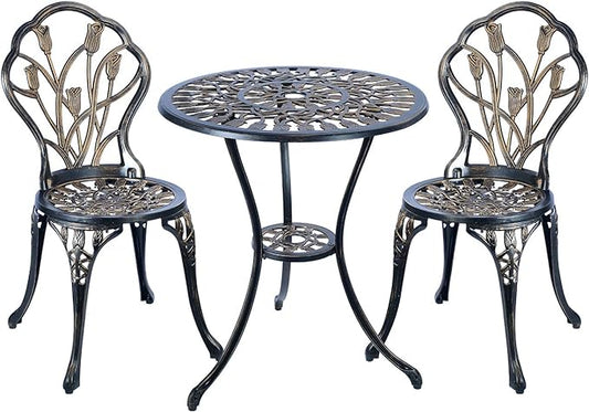 Mandolin Patio Table and Chairs,5 Piece Outdoor Dining Set,Rust-Resistant Cast Aluminum Bistro Set,with Cushion,Tulip Design (Copper)