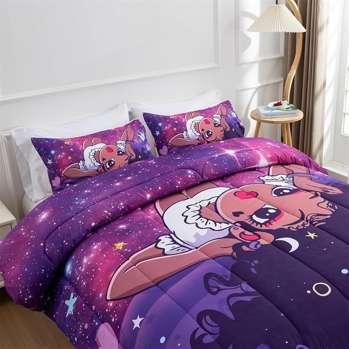 NTBED African American Black Girl Comforter Set Galaxy Afro Girl Microfiber Bedding Sets Full Size