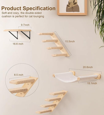 Cat Wall Shelves Set of 4, with 1 Floating Fabric Hammock, 2 Ladders with 4 Steps Each & 1 Flat Shelf – Wall Mounted Bed Furniture & Climber for Large Cats, Indoor Playground