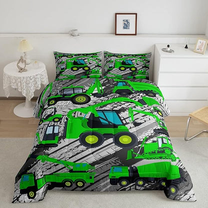 Excavator Down Comforter, Kids Boys Cartoon Car Comforter Set Full, Children Tractor Truck Duvet Sets Girls Construction Vehicle Bulldozer Bedding Set 3 Pieces with 2 Pillow Cases, Green Gray